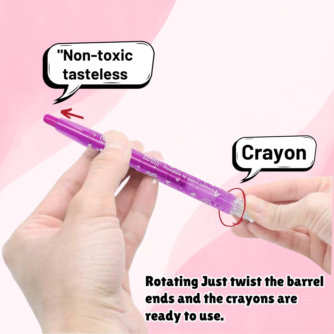 Assorted colors of Himic twist crayons, designed for easy grip and mess-free coloring for children, accompanied by a small sketchbook to encourage artistic expression." www.usmile.toys